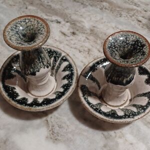 Artisan Ceramic Candle Holders - Cream and Green and Blue